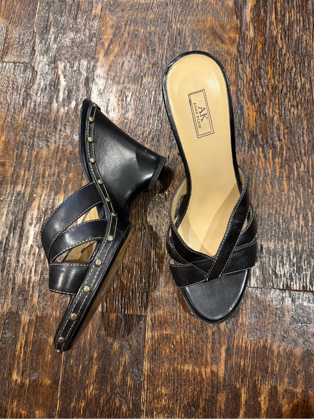 Anne Klein Black Leather Cross-Strap Slide Mules